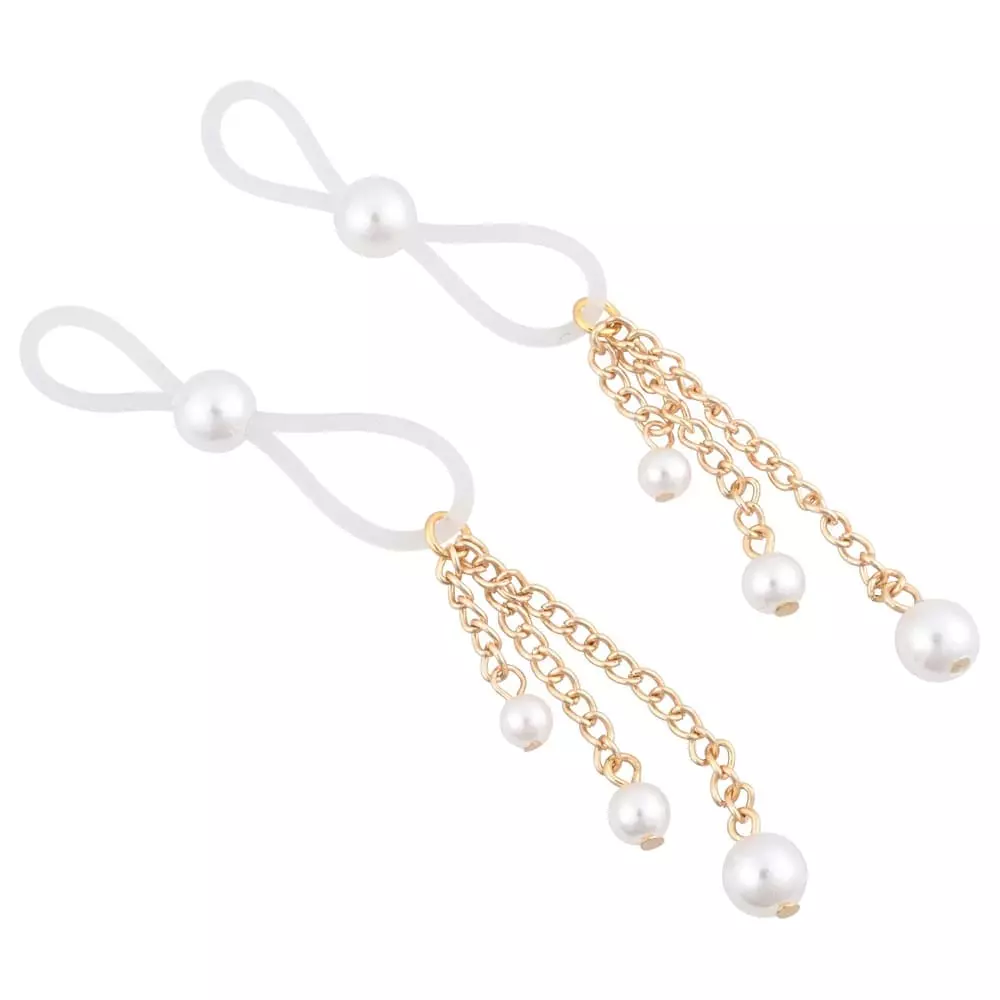 Sex & Mischief Adjustable Pearl Nipple Ties In Gold/White